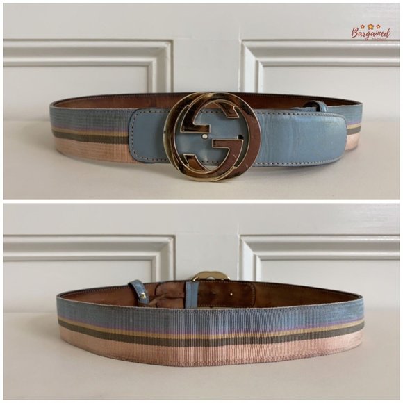 Authentic Gucci Multi Web Canvas Leather Gold Interlocking G Buckle Belt 85/34 - Picture 6 of 13